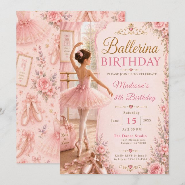 Invitación Fiesta de cumpleaños de bailarina (Anverso / Reverso)