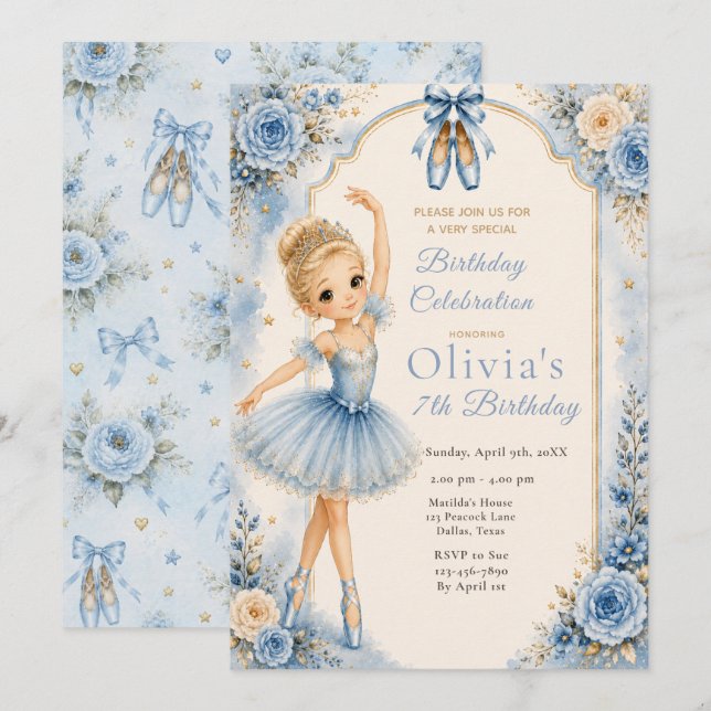 Invitación Fiesta de cumpleaños de bailarina azul (Anverso / Reverso)