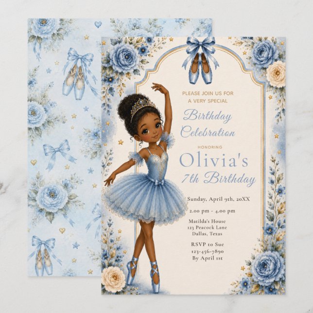 Invitación Fiesta de cumpleaños de bailarina azul (Anverso / Reverso)