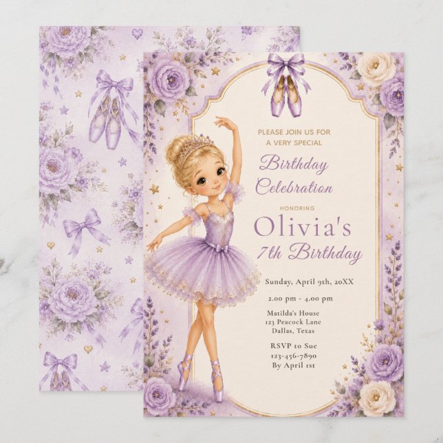Invitación Fiesta de Cumpleaños de Bailarina Morada (Anverso / Reverso)