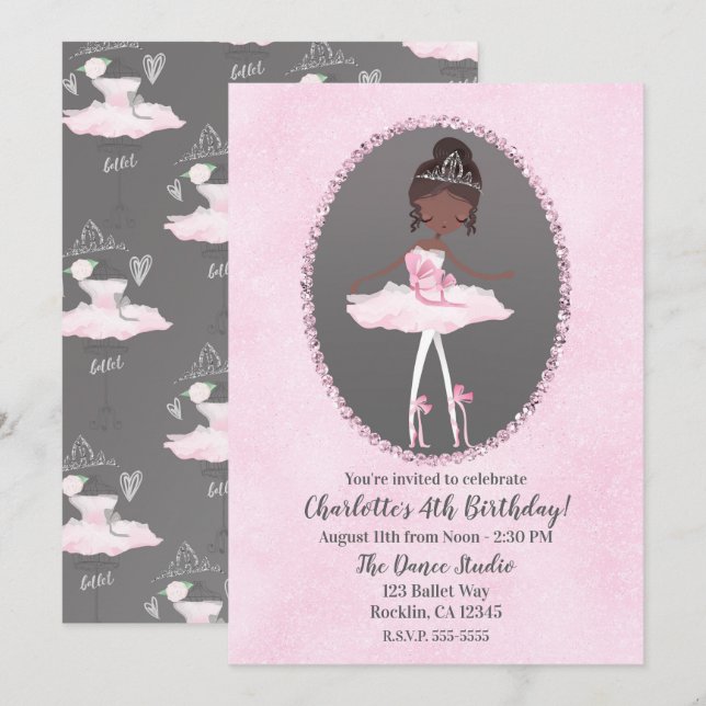 Invitación Fiesta de Cumpleaños de Bailarina Oscura de Pink & (Anverso / Reverso)