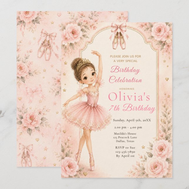 Invitación Fiesta de cumpleaños de bailarina rosa (Anverso / Reverso)