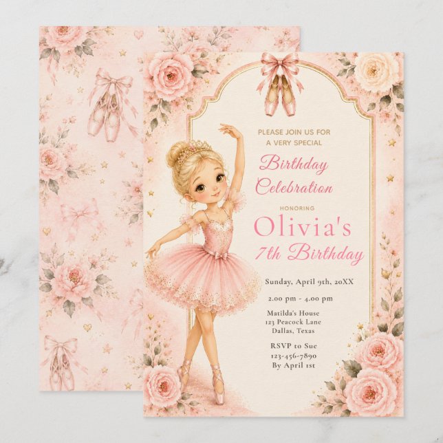 Invitación Fiesta de cumpleaños de bailarina rosa (Anverso / Reverso)