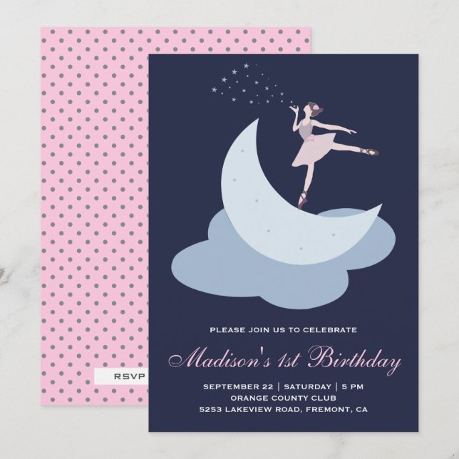 Invitación Fiesta de Cumpleaños de Bailarina Rosa Linda (Anverso / Reverso)