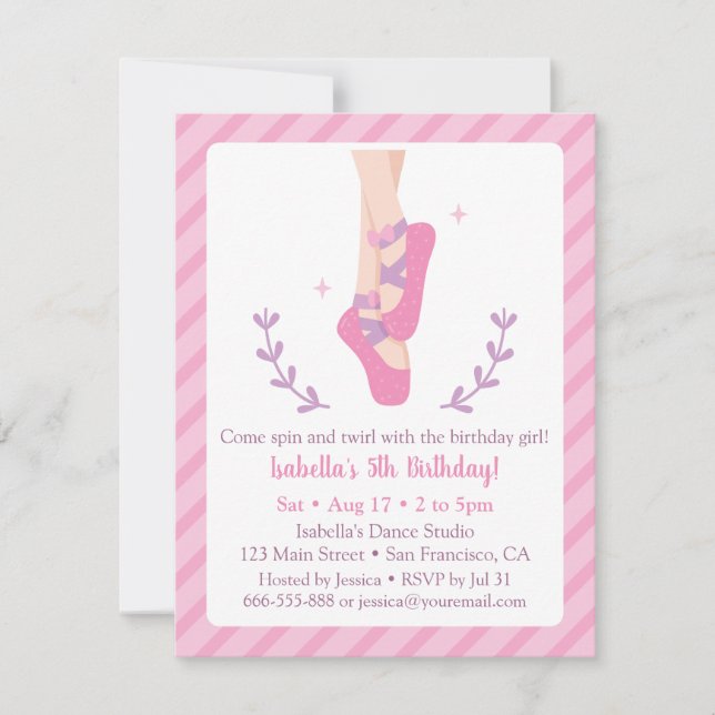 Invitación Fiesta de Cumpleaños de Bailarina y Zapatos de Bal (Anverso)