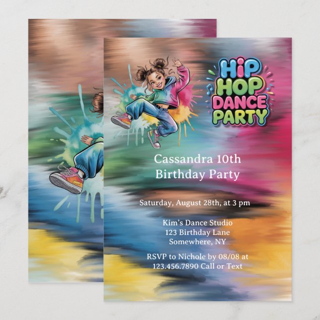 Invitación Fiesta de cumpleaños de baile de Hip Hop para niña (Anverso / Reverso)