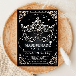 Invitación Fiesta de cumpleaños de baile de máscaras negro y 