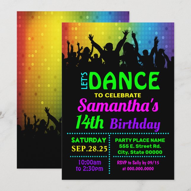 Invitación Fiesta de cumpleaños de baile disco (Anverso / Reverso)