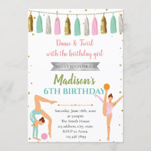 Invitación fiesta de cumpleaños de baile gimnástico con brill