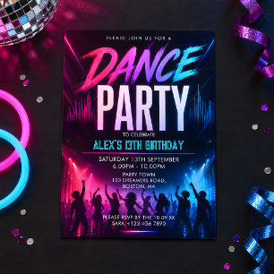 Invitación Fiesta de cumpleaños de baile neon para adolescent