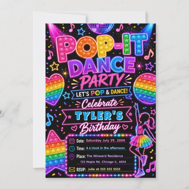 Invitación Fiesta de Cumpleaños de Baile Pop It (Anverso)