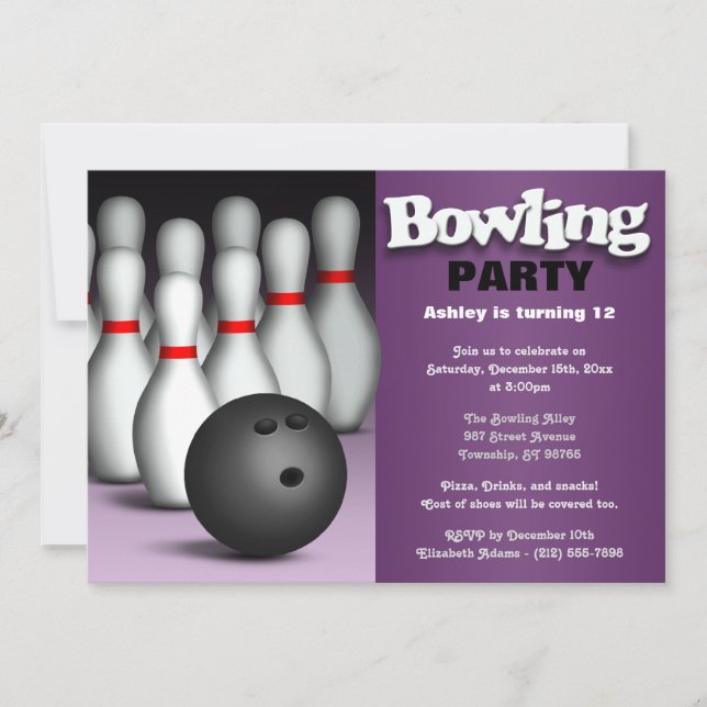 Invitación Fiesta de cumpleaños de Ball & Pins Purple Bowling (Anverso)