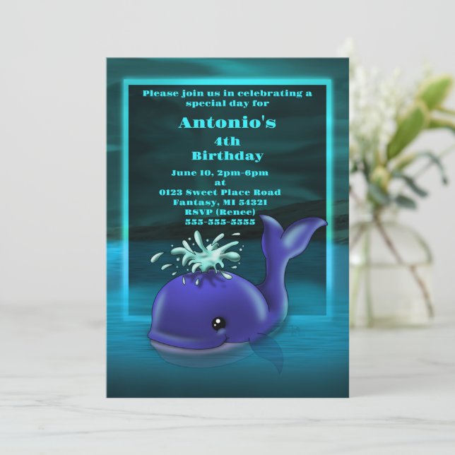 Invitación Fiesta de cumpleaños de ballena azul (Anverso de pie)