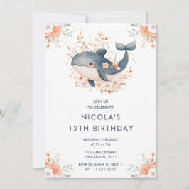 Invitación Fiesta de cumpleaños de ballena floral