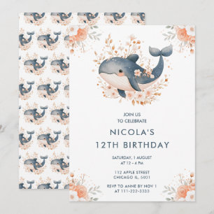 Invitación Fiesta de cumpleaños de ballena floral
