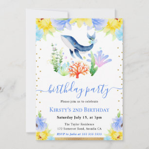 Invitación Fiesta de Cumpleaños de Ballena Subacuática Floral