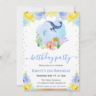 Invitación Fiesta de Cumpleaños de Ballena Subacuática Floral