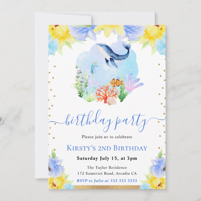 Invitación Fiesta de Cumpleaños de Ballena Subacuática Floral (Anverso)