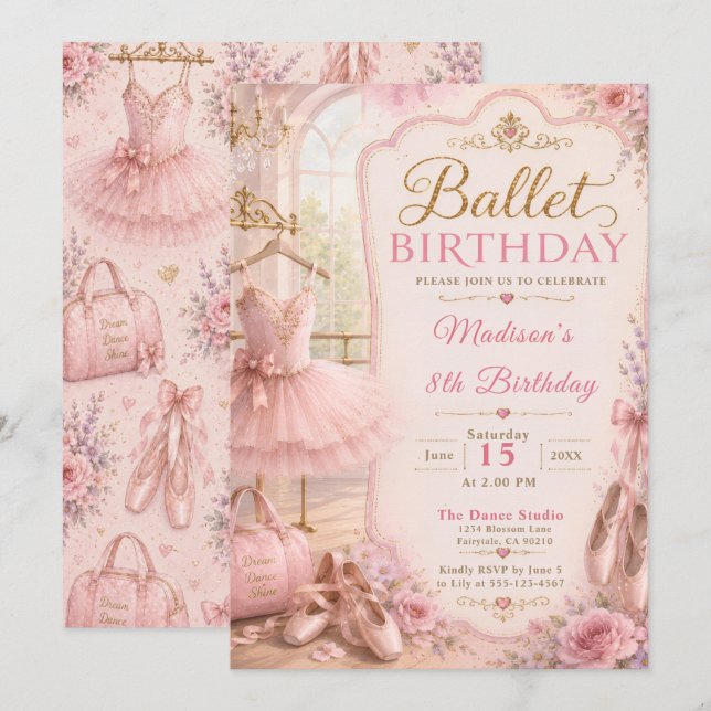 Invitación Fiesta de cumpleaños de ballet (Anverso / Reverso)