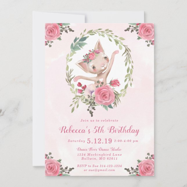 Invitación Fiesta de cumpleaños de Ballet Dancing Kitten (Anverso)
