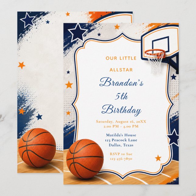 Invitación Fiesta de Cumpleaños de Baloncesto (Anverso / Reverso)