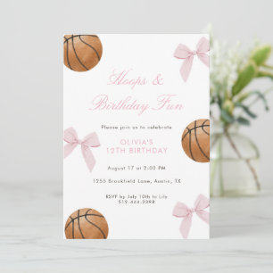 Invitación Fiesta de Cumpleaños de Baloncesto con Lazo Rosa p