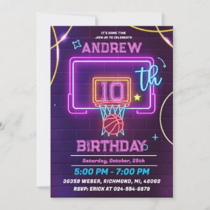 Invitación Fiesta de Cumpleaños de Baloncesto de Neón Persona