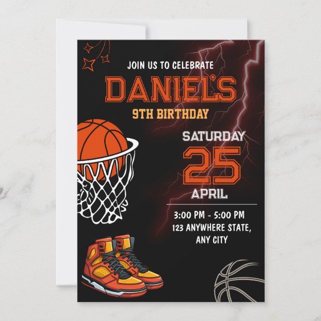 Invitación Fiesta de Cumpleaños de Baloncesto Deportes Chicos (Anverso)