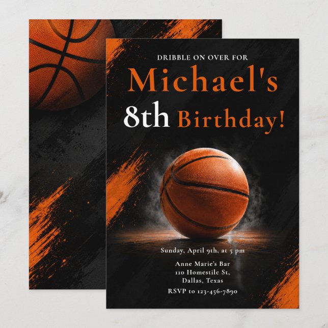 Invitación Fiesta de Cumpleaños de Baloncesto Naranja Negro (Anverso / Reverso)