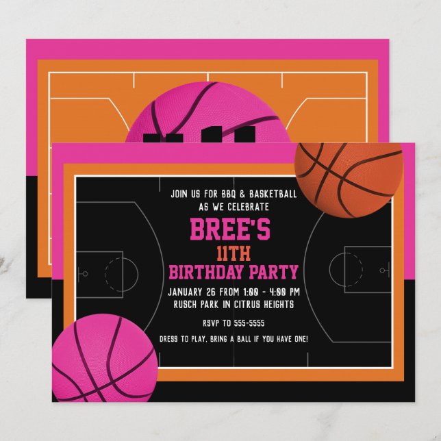Invitación Fiesta de Cumpleaños de Baloncesto Negro Rosa y Na (Anverso / Reverso)
