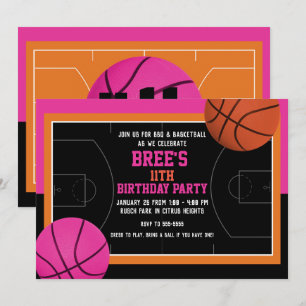 Invitación Fiesta de Cumpleaños de Baloncesto Negro Rosa y Na
