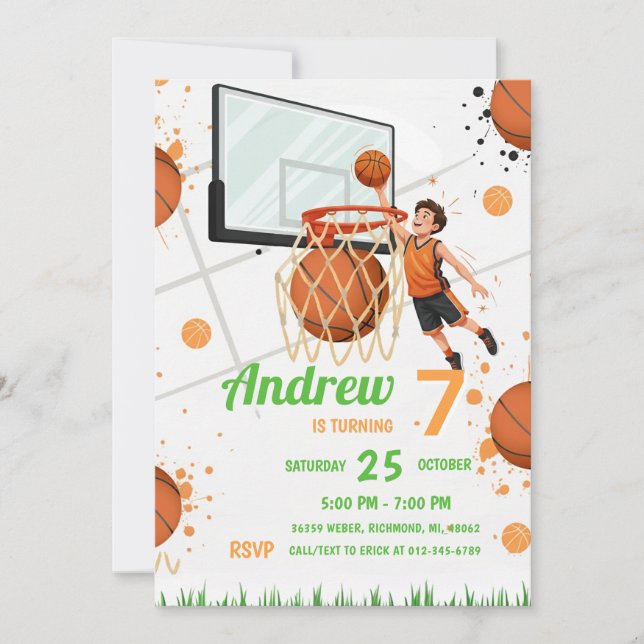 Invitación Fiesta de cumpleaños de baloncesto personalizada (Anverso)