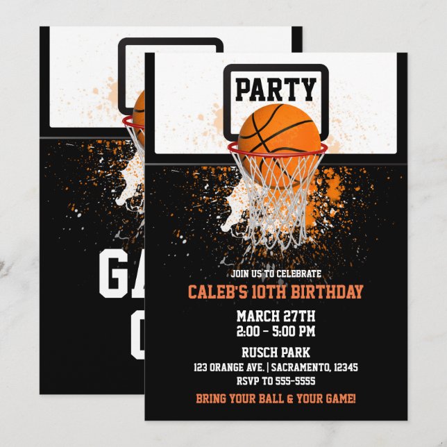 Invitación Fiesta de cumpleaños de baloncesto y aro (Anverso / Reverso)