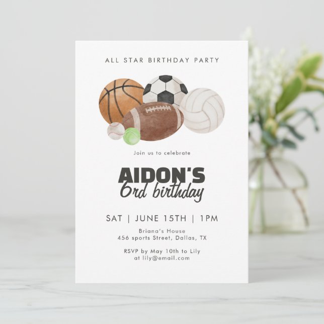 Invitación Fiesta de Cumpleaños de Balones de Deportes Estrel (Anverso de pie)