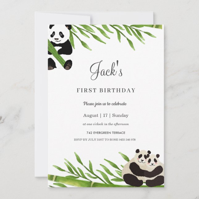 Invitación Fiesta de cumpleaños de Bamboo Cute Panda Greenery (Anverso)