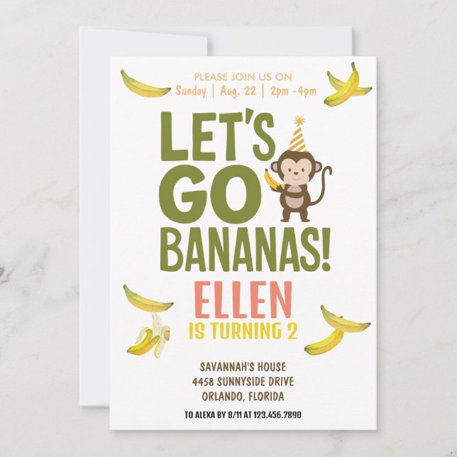 Invitación fiesta de cumpleaños de banana EDITABLE bananas in (Anverso)