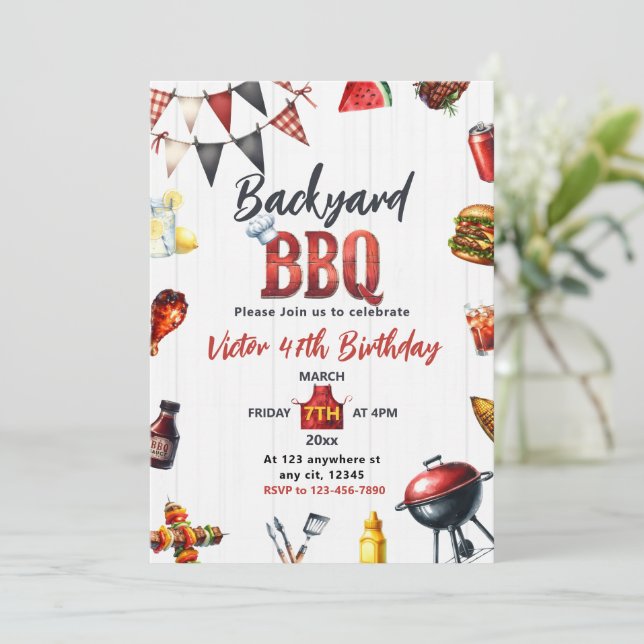 Invitación Fiesta de cumpleaños de barbacoa en el patio trase (Anverso de pie)