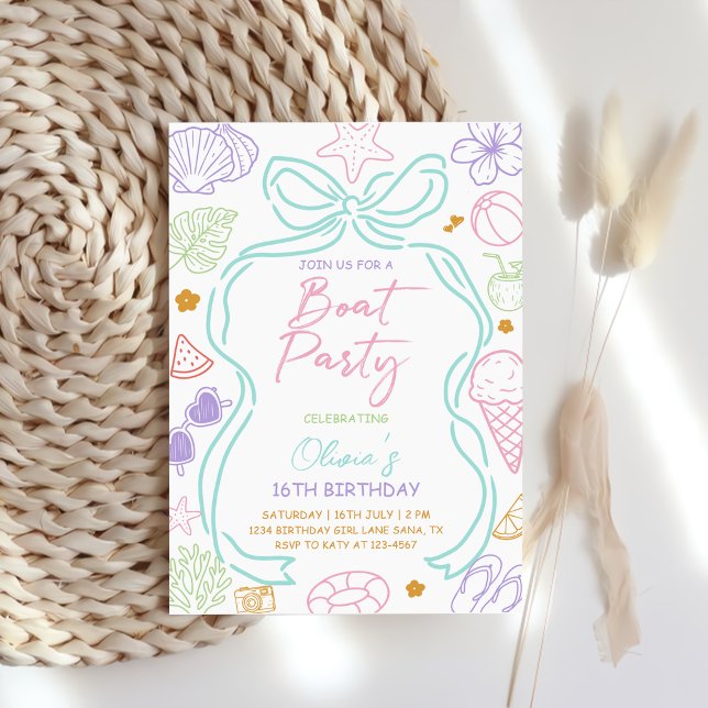 Invitación Fiesta de cumpleaños de barco de verano dibujado a (Subido por el creador)