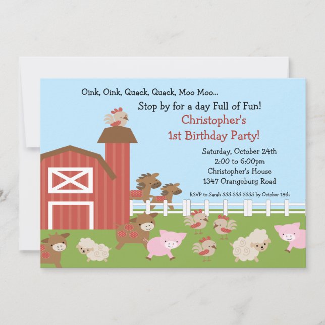 Invitación Fiesta de cumpleaños de Barn Animal (Anverso)