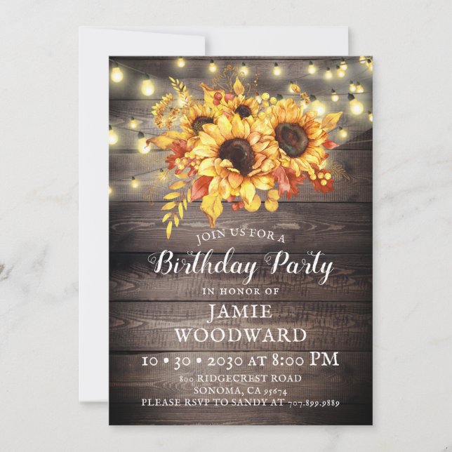 Invitación Fiesta de cumpleaños de Barn Wood Rustic Sunflower (Anverso)