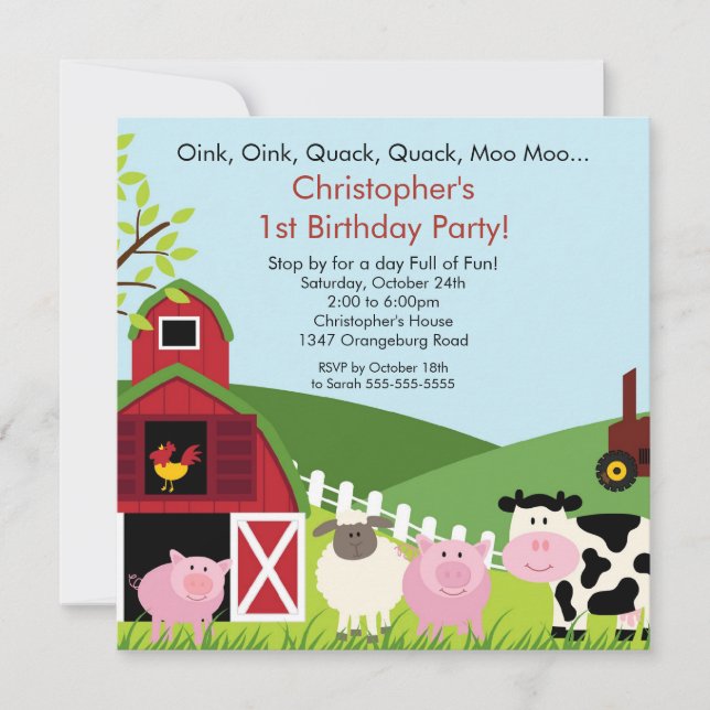Invitación Fiesta de cumpleaños de Barnyard Animal (Anverso)
