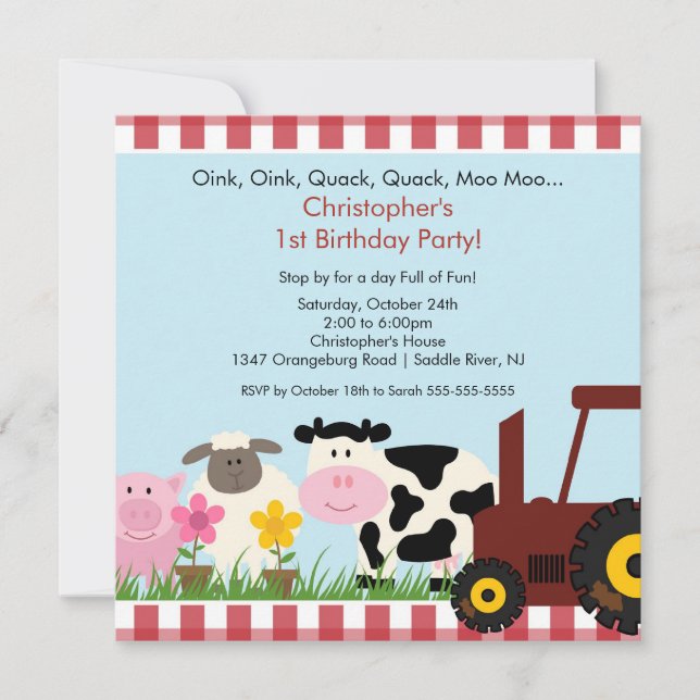 Invitación Fiesta de cumpleaños de Barnyard Animal Fun (Anverso)