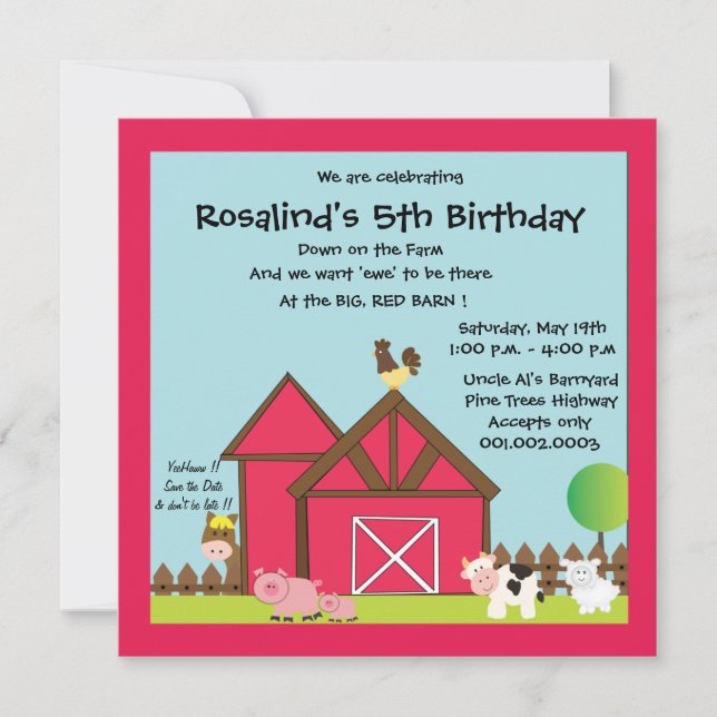 Invitación Fiesta de cumpleaños de Barnyard / Animales de gra (Anverso)