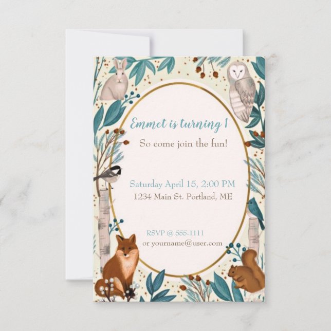 Invitación Fiesta de cumpleaños de bebé con animales del bosq (Anverso)
