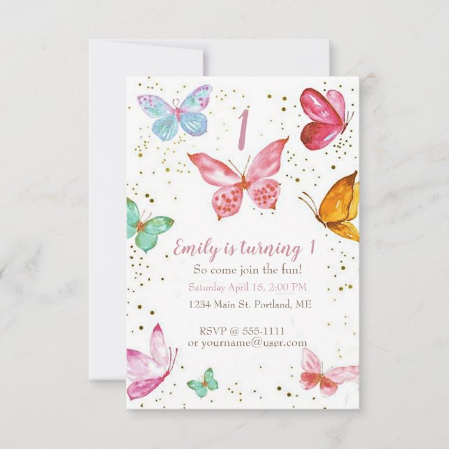 Invitación Fiesta de cumpleaños de bebé con hermosas mariposa (Anverso)