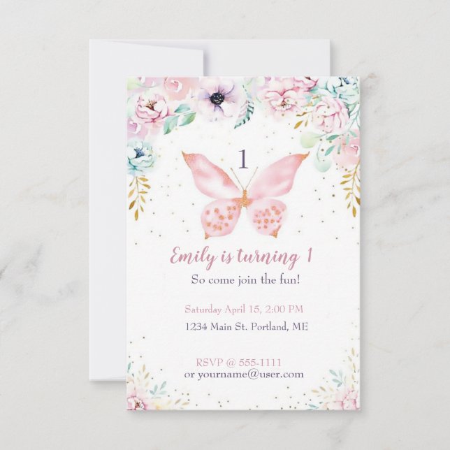 Invitación Fiesta de cumpleaños de bebé con mariposas y flore (Anverso)