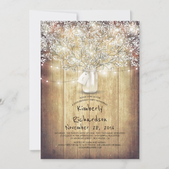 Invitación Fiesta de cumpleaños de Bebé Mason Jar Rustic Barn (Anverso)