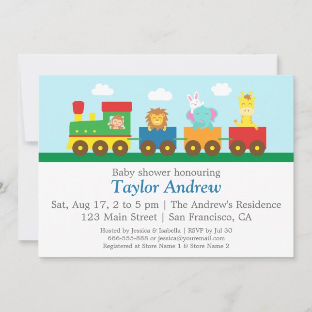 Invitación Fiesta de Cumpleaños de Bebé Tren Animales Lindos  (Anverso)