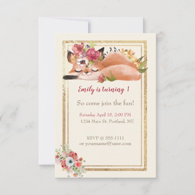Invitación Fiesta de cumpleaños de bebé zorro acuarela lindo (Anverso)