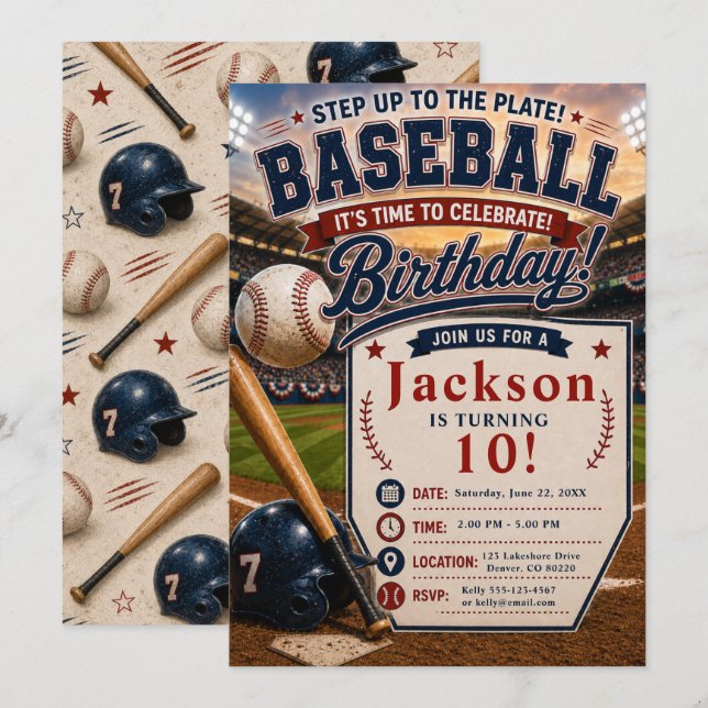 Invitación Fiesta de Cumpleaños de Béisbol (Anverso / Reverso)